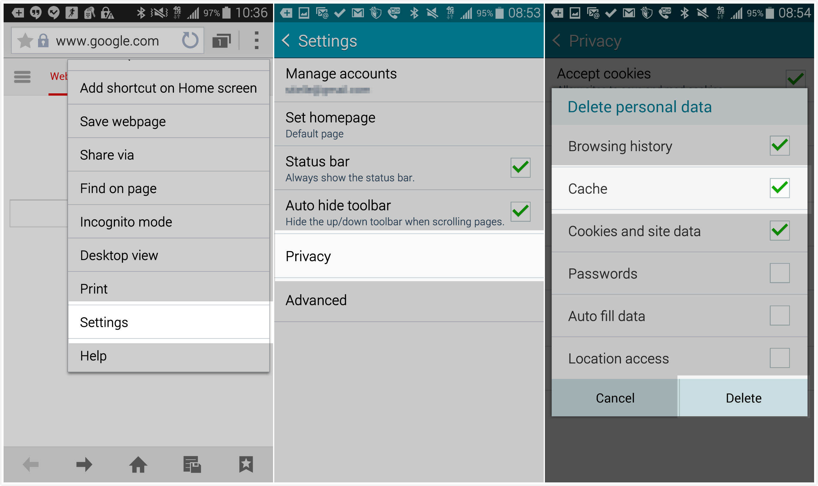 android clear cache and cookies