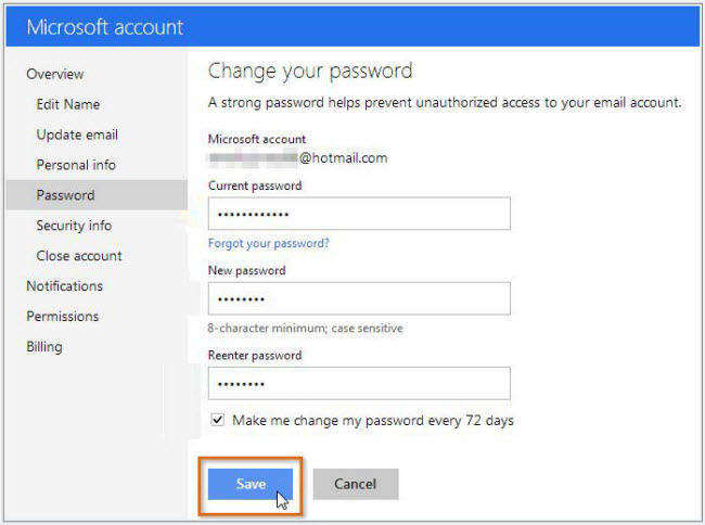 how to change microsoft account password